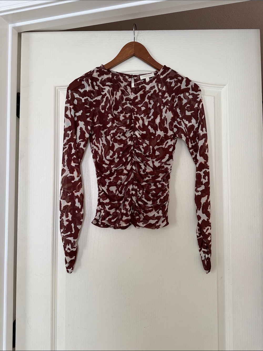 Parker Burgundy and White Ruched Long-Sleeve Crewneck Top